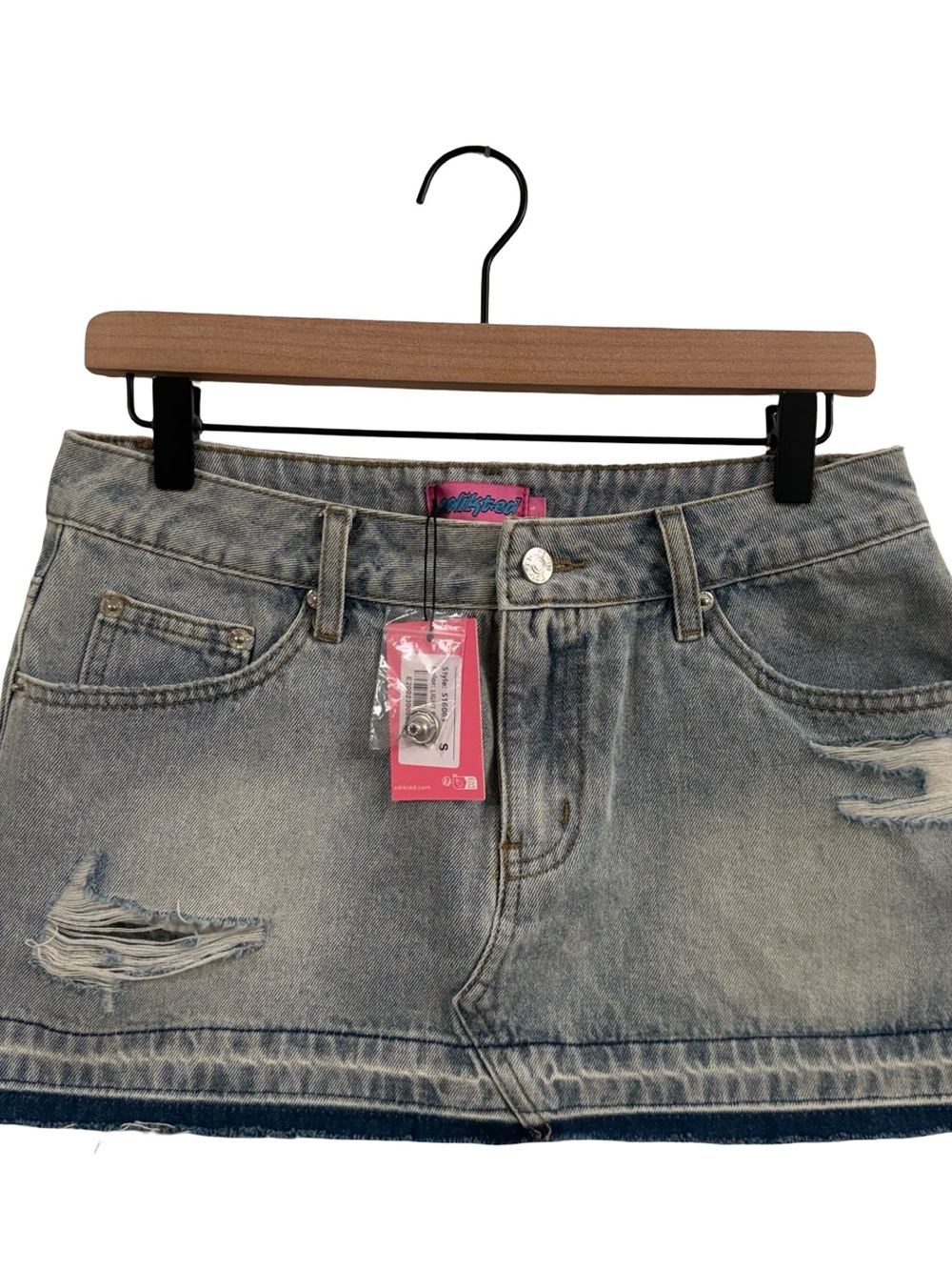Edikted Denim Distressed Mini Skirt - Light Blue